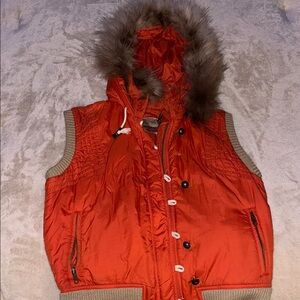 Orange Hooded Puffer Vest with  Rabbit Fur Trim